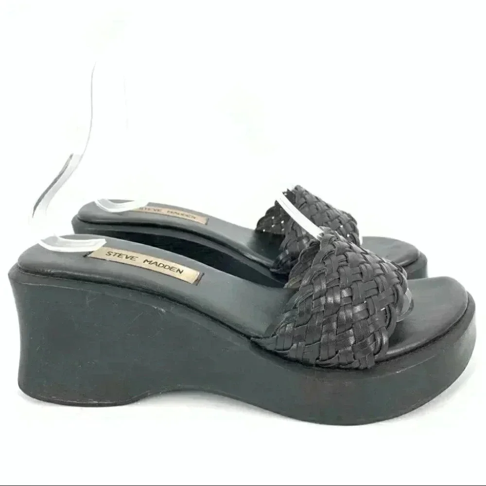 Steve madden sandals 8.5 Lil Black woven leather chunky wooden platforms 90s y2k